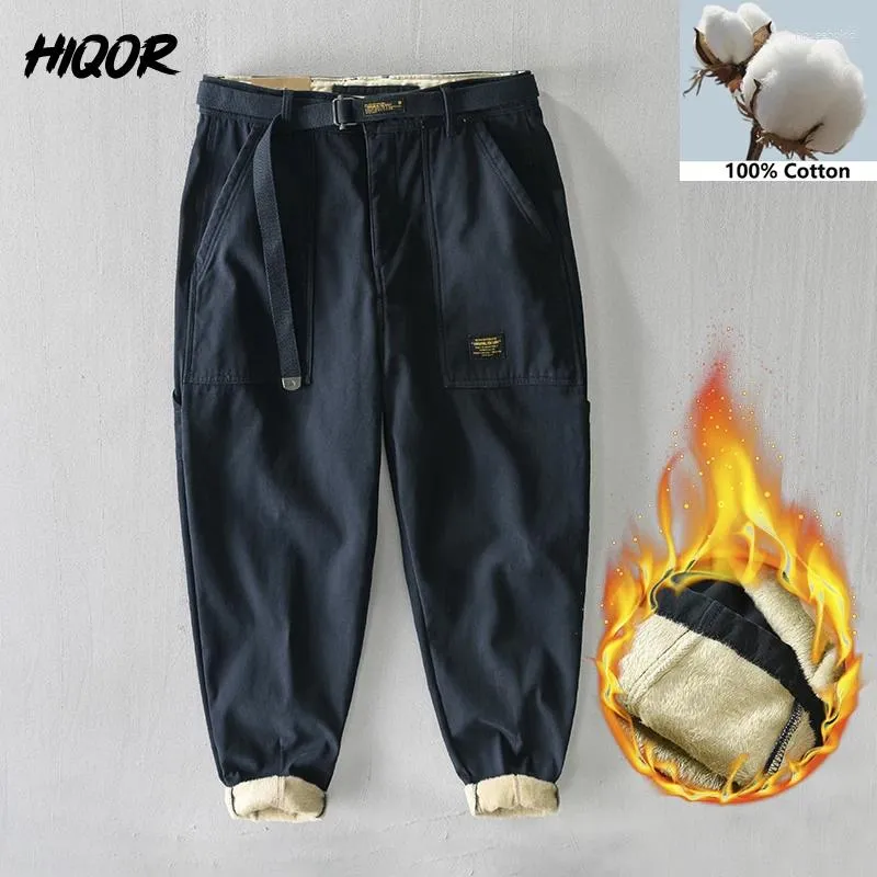 Herenbroeken HIQOR Winter Cargo Heren Warm Dikker Outdoorbroeken Losse overalls Katoenfleece Casual Man Streetwear