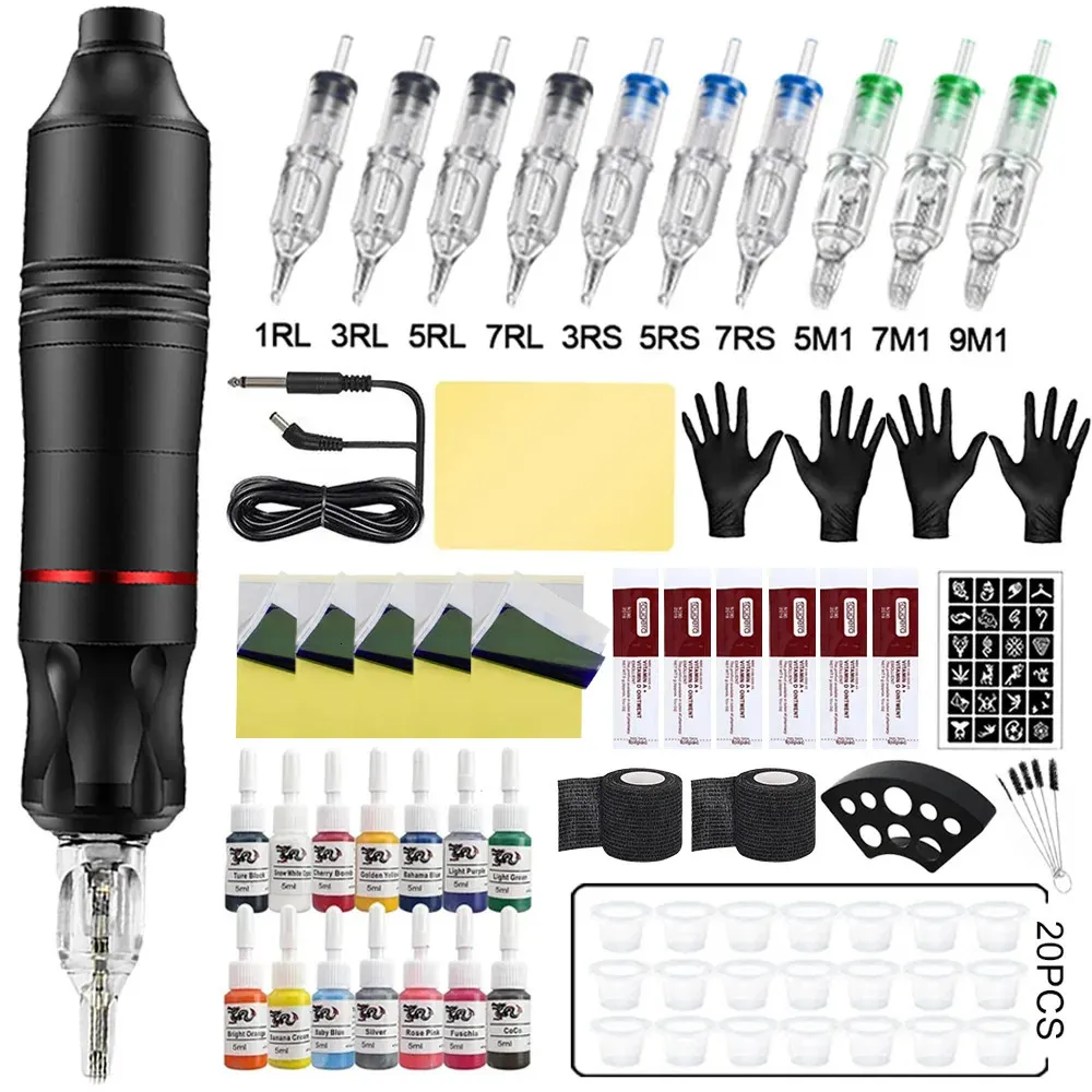 Professionele Tattoo Machine Pen Kit met Machine Pen Set Cartridge Naalden Inkt DC Geen Voeding voor Tattoo Art Beginners 240124