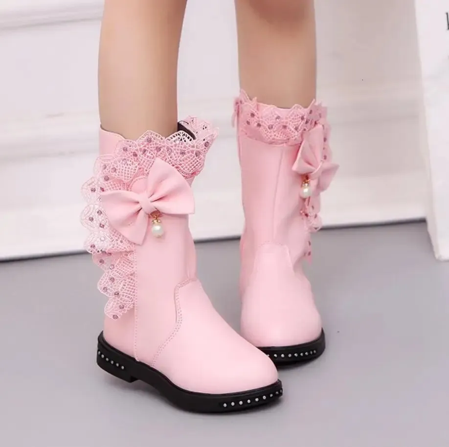 Children Winter Casual Boots for Girls Rhinestone Flower Fashion Plush Long Boots Princess Flats Dress Shoes Snow Boots 240127