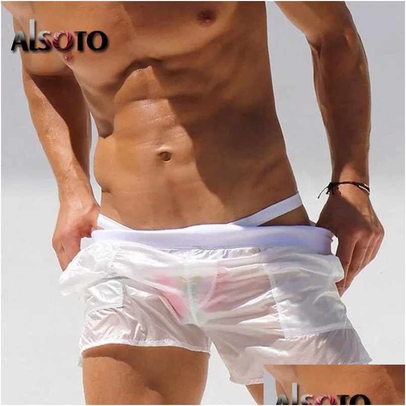 Other Home Textile Men Transparent Shorts Bodybuilding Man Summer Gyms Workout Male Breathable Mesh Quick Dry Sportswear Jogger Beac Dhgwx