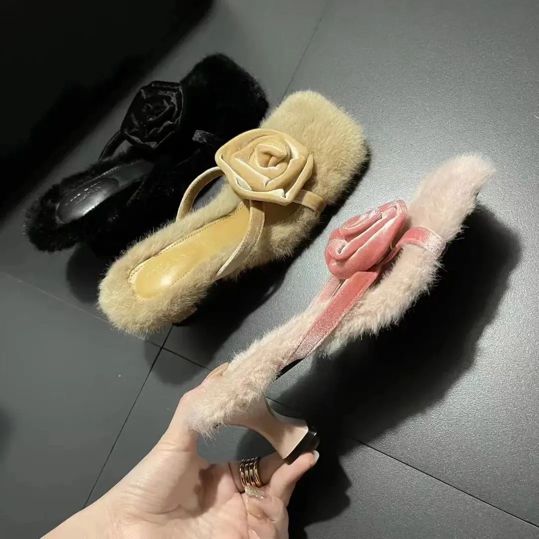 Плюшевые тапочки, женские зимние тапочки с квадратной головкой и открытым носком, сексуальные туфли на высоком каблуке на тонком каблуке с кроличьими волосами, 240118