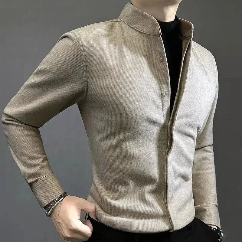 Printemps automne mâle col montant épais chaud chemise à fond Homme à manches longues décontracté mode Vintage boutons Blouse hommes haut Homme 240201