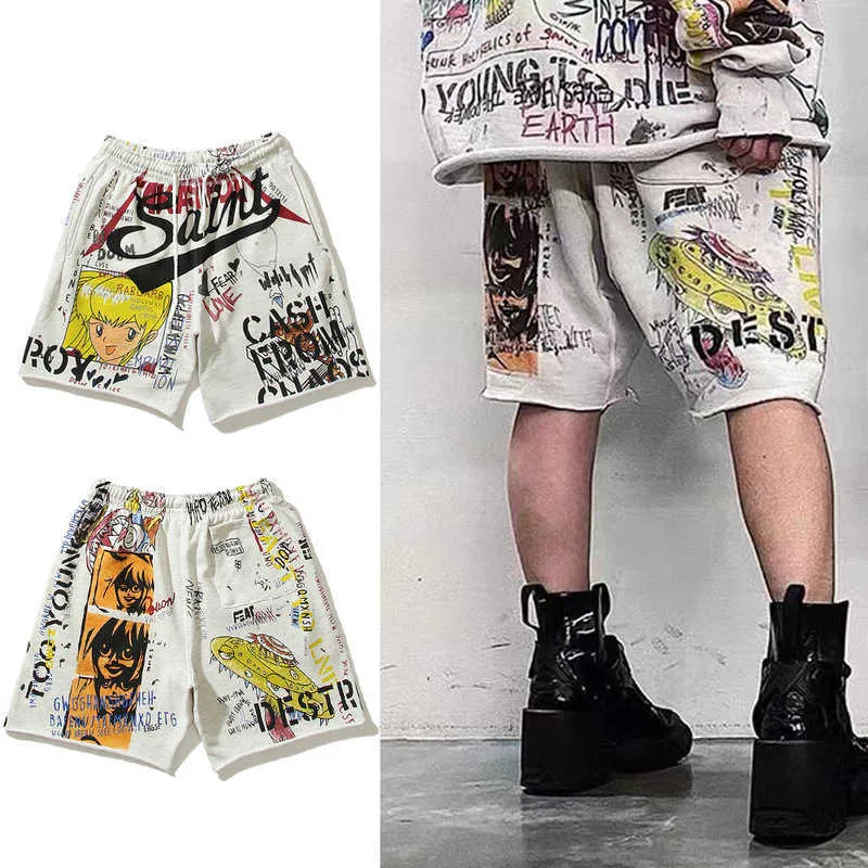 Санитарные штаны Мужские шорты дизайнерские комиксы с граффити рисованной свободные повседневные шорты укороченные брюки модные мужские универсальные брюки в Instagram 24ss