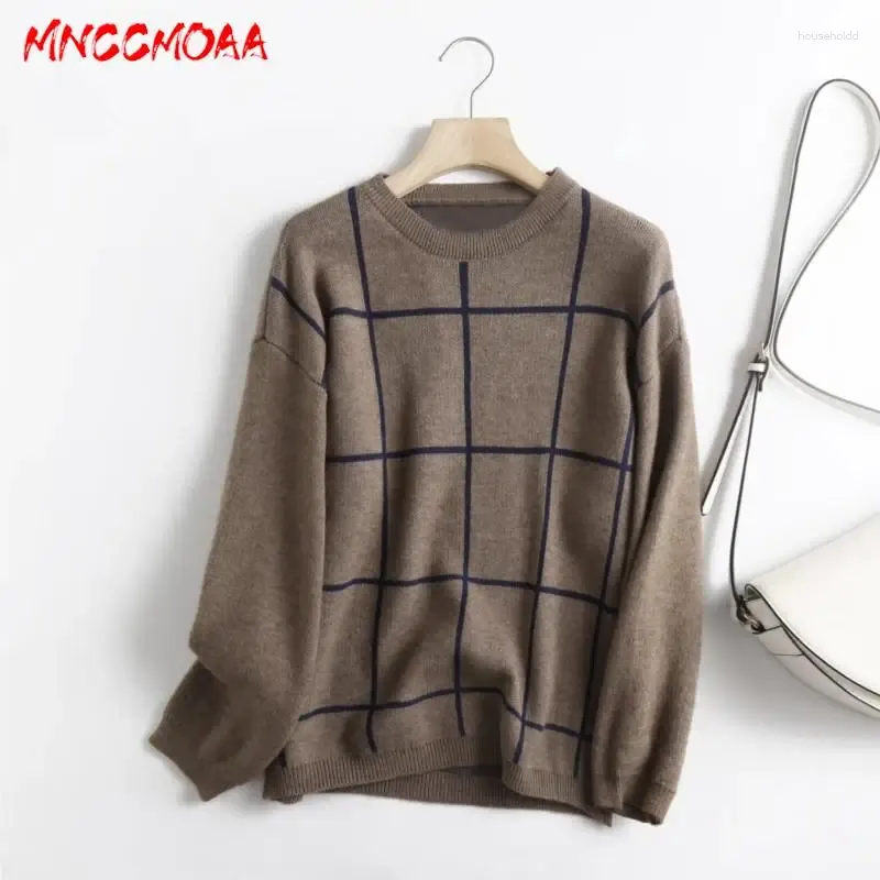 Women's Sweaters MNCCMOAA 2024 Autumn Winter Women Fashion Round Neck Plaid Knitted Sweater Female Casual Loose Long Sleeve Tops Pullovers