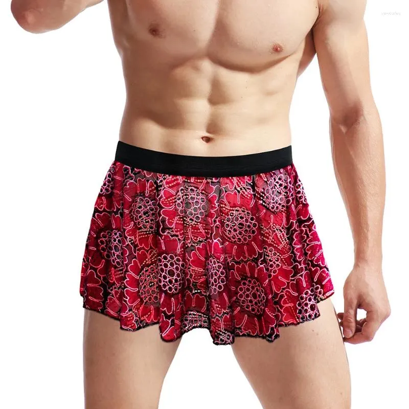 Underpants Sexy Men's Sissy Lace Hollow Lingerie Skirt Vintage Floral Printed Clubwear Panties Underwear Briefs Male Inmitate