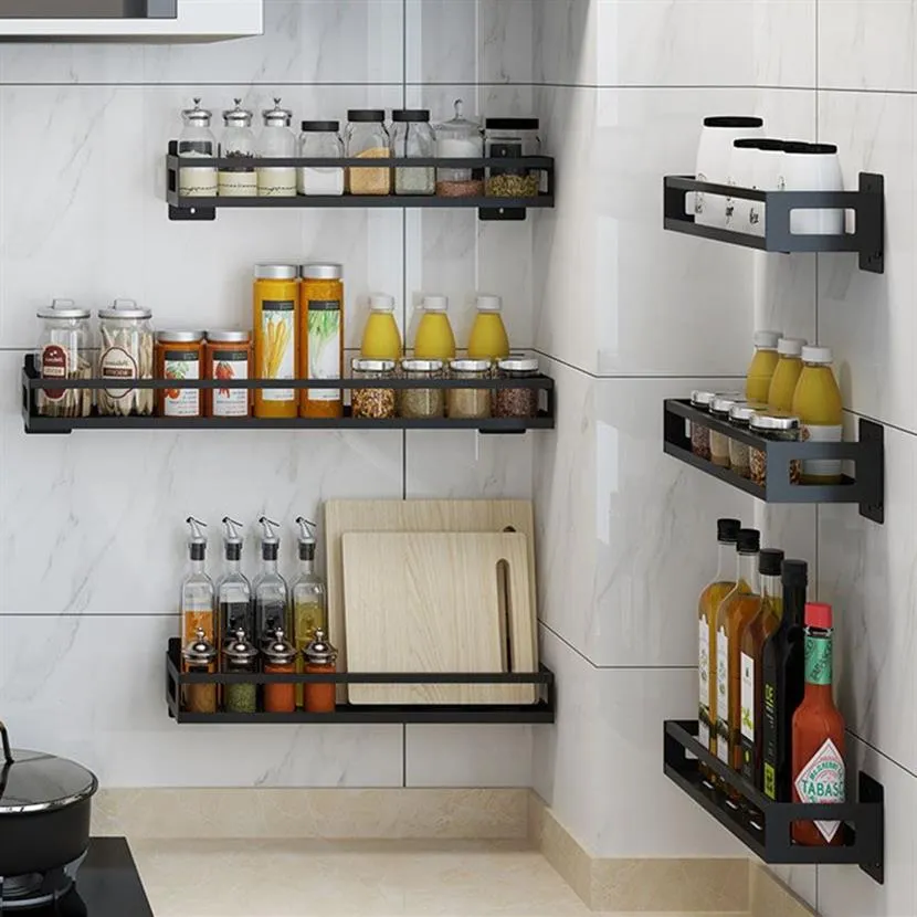 kitchen rack Stainless steel spice rack punching wall-mounted oil salt sauce vinegar storage bathroom wall shelf223d