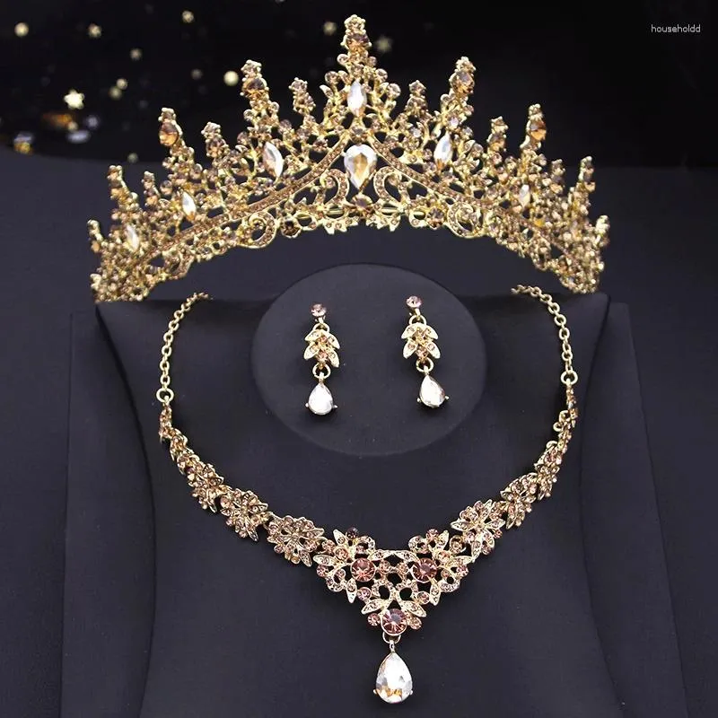 Halsband örhängen Set Luxury Champagne Crystal Bridal Crown Jewelry Princess Queen Tiaras Prom Bride Wedding Dubai Fashion