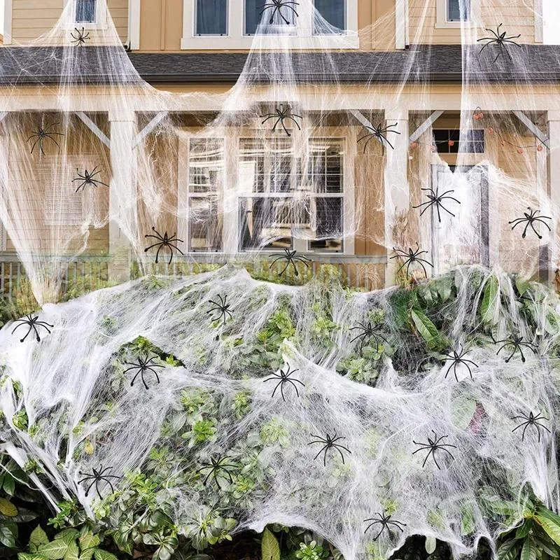 Украшение вечеринки Хэллоуин Искусственная паутина Супер эластичная паутина с поддельными пауками Страшный декор сцены Реквизит для дома ужасов