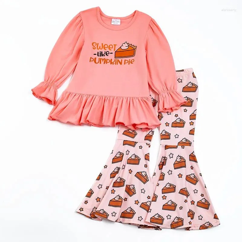 Kläderuppsättningar Girlymax höstens hösten Thanksgiving Baby Girls Barn Kläder Korall Pumpkin Pie Print Outfit Ruffles Flare Pants Set
