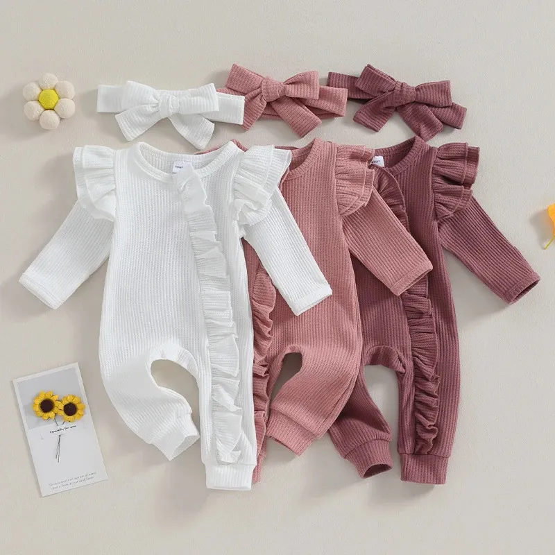Spring Autumn Baby Solid Color Romper Girls Soft Oneck långärmad Ruffled Jumpsuit med Bow pannband Kidskläder Baby Costume 240118