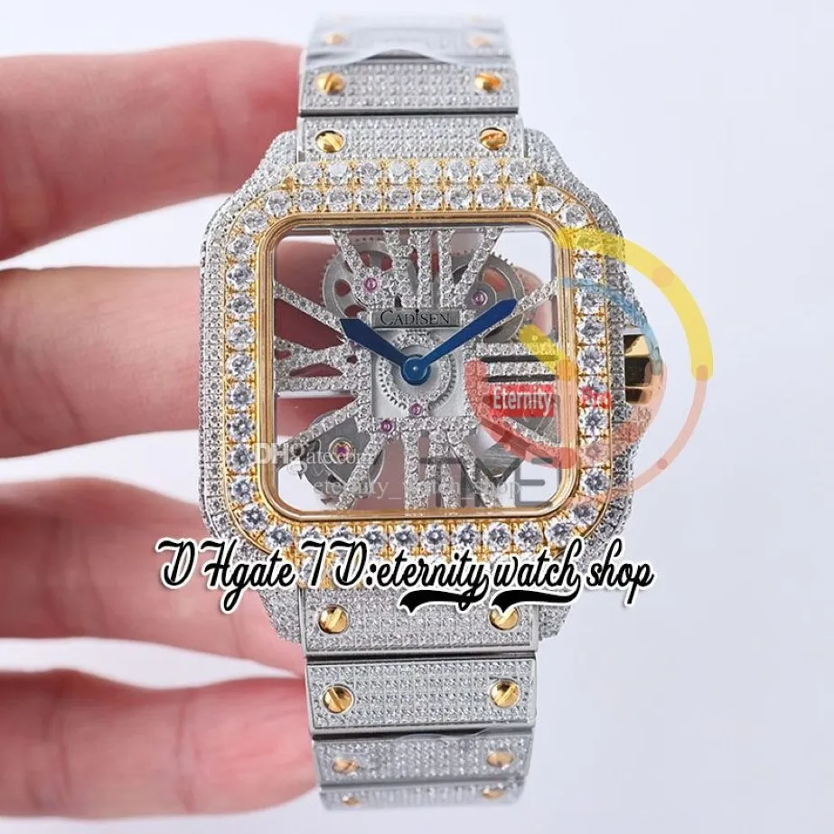 SF TWF0029 Swiss Ronda 4S20 Quartz Mens Watch Fully Iced Out Big Diamonds Yellow Gold Bezel Roman Markers Skeleton Diamond Dial St272F