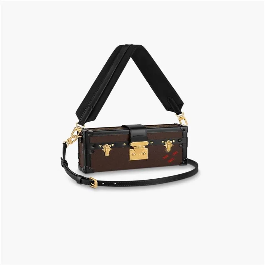 M46120 Bolsos de hombro Petite Malle East We st diseñador hombres mujeres bolso lienzo estampado en relieve cuero de becerro genuino Caja de cadena cross-bod210i