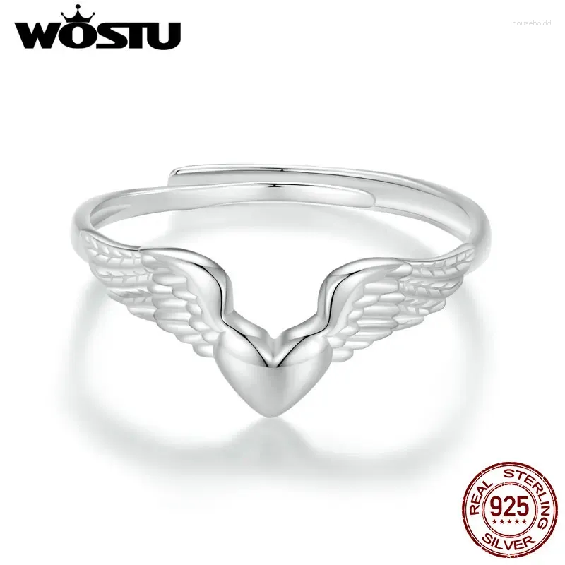 Cluster Rings Wostu Real 925 Sterling Silver Angel Wing öppningsring för kvinnor Punk Gift Guard Heart Simple Fine Jewelry Birthday