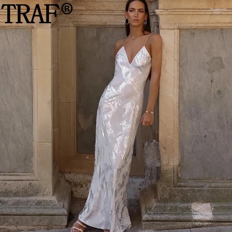 Casual Dresses TRAF Silver Slip Dress Woman Sleeveless Long For Women Backless Sexy Evening Prom Fashion Summer Party