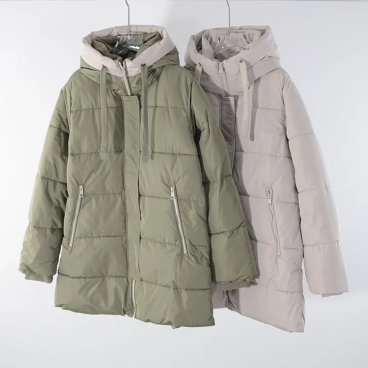 Casacos de trincheira femininos inverno alto e largo à prova de vento boné de comprimento médio lã quente com zíper bolso jaqueta acolchoada de algodão