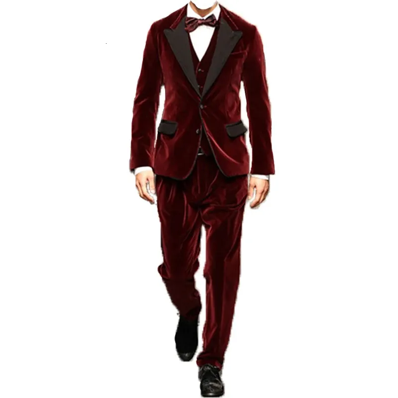 Smoking vermelho masculino terno para vestidos de baile de casamento noivo usar businrss jantar festa três peças homem terno jaqueta calças colete 240123