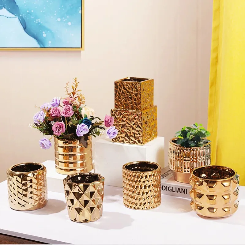 Luxurious gold electroplated ceramic flowerpot embossed geometric art Nordic glazed indoor artificial flowers on the desktop 240127