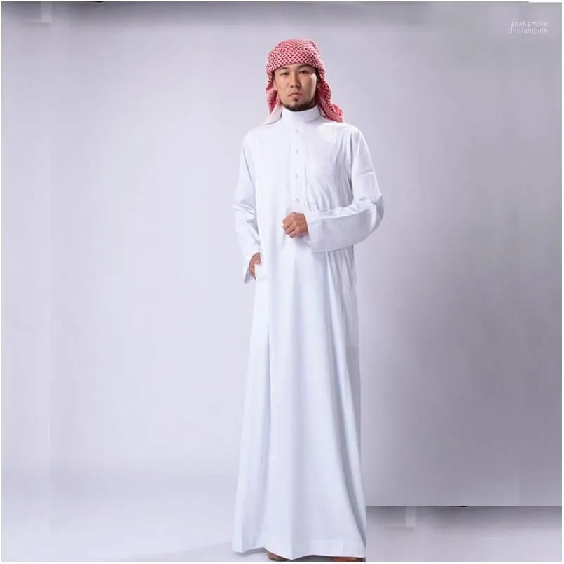 Ethnic Clothing S Arabia Traditional Costumes Man Muslim Jubba Thobe Solid White Stand Collar Polyester Long Robe Gown Islamic Drop D Dhb9U