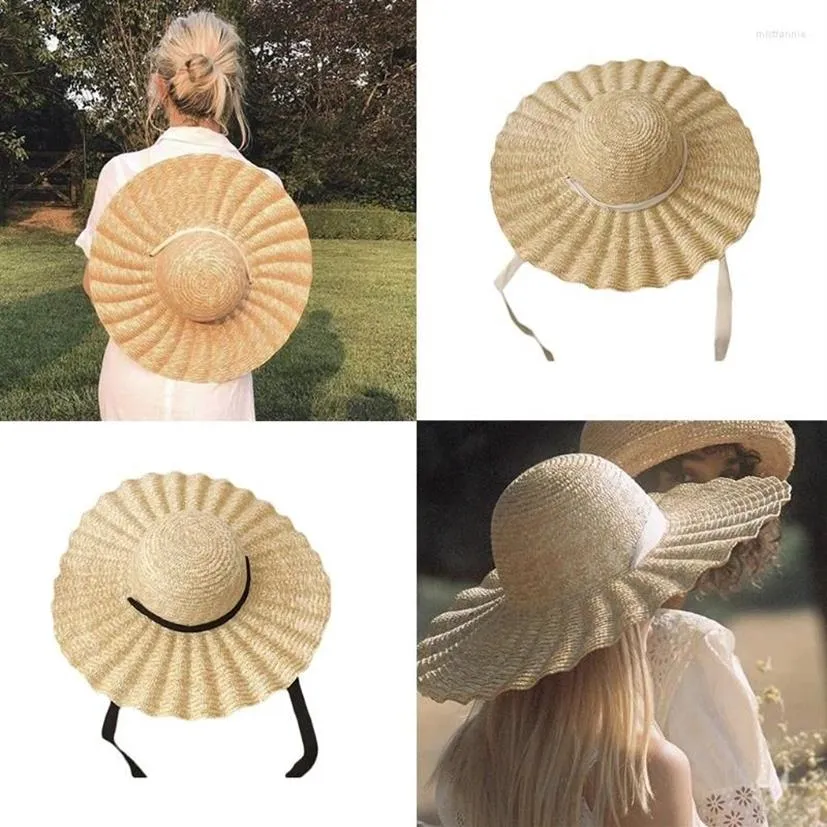 Chapeaux à large bord chapeau de paille avec ruban motif ondulé protection solaire plage extérieure chapeau de soleil été294z