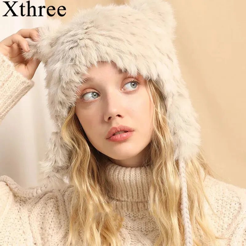 Xthree Rabbit Fur Hat Knitted Winter Balaclava With Ears Caps Women Bomber Hat Ear Flap Cap Casual Winter Trapper Hats Female 240122