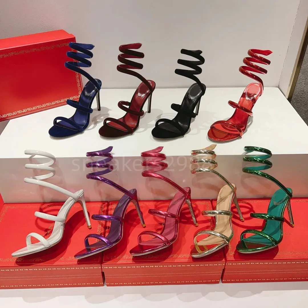 Rene caovilla cleo yeet snake shaped patent leather high heel sandals wrapped in thin high heels female designer's temperament party formal shoes