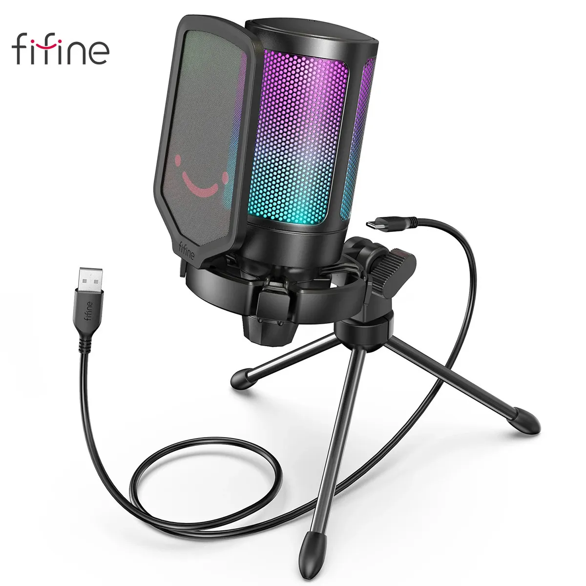 FIFINE USB Condenser Gaming Microphone for PC PS4 PS5 MAC with Pop Filter Shock Mount Gain Control Podcasts 240130