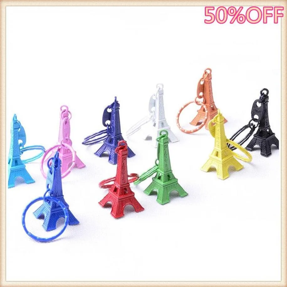 50pcs lot Paris Eiffel Tower Keychain Mini Eiffel Tower Candy Color Keyring Store Advertising Promotion Service Equipment Keyfob273J