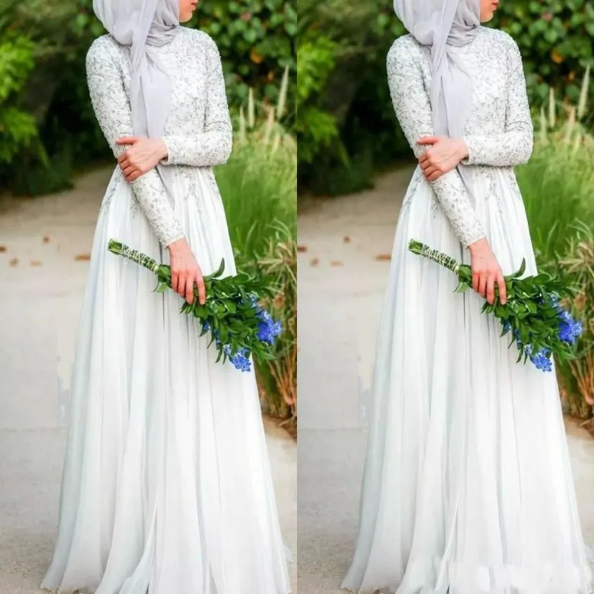 Abiti da sposa musulmani semplici Abiti da sposa islamici 2019 in chiffon a maniche lunghe con scollo alto in cristallo bianco puro2429