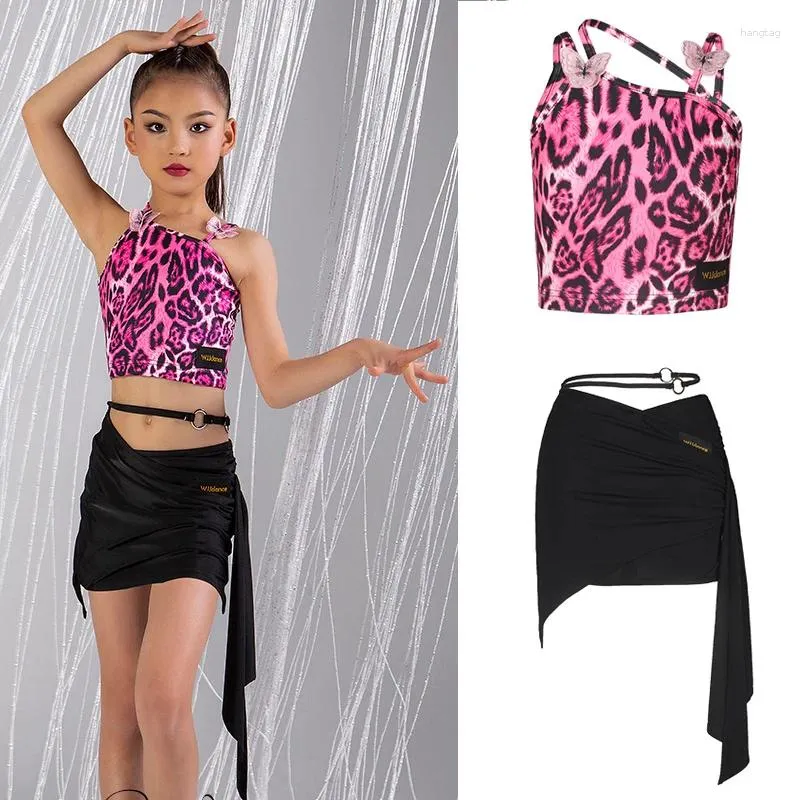 Scen Wear 2024 Children's Latin Dance Competition Clothes Girls Pink Leopard Top kjolar Chacha Rumba Costume SL8174