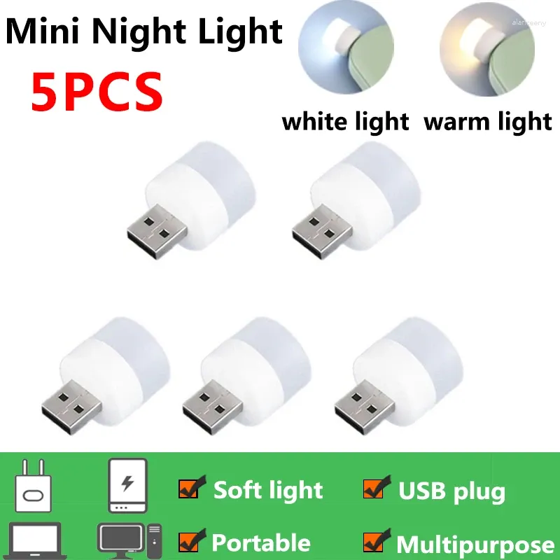 Night Lights 5pcs LED Light USB Mini Plug Lamp Computer Power Bank Charging Book Small Round Reading Eye Protection Lamps