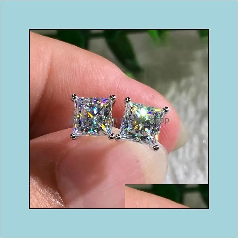 Pendientes de tuerca Joyería Moda 18K Oro blanco Princesa Corte Moissanite Diamante Entrega de gota 2021 Ua Dha4N