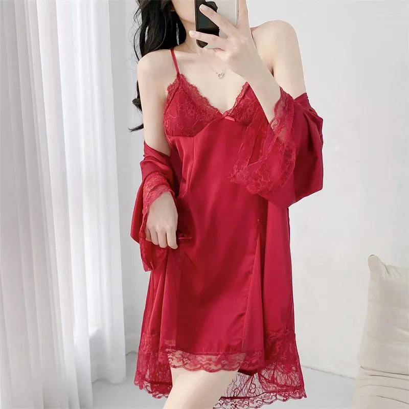 Mulheres sleepwear renda camisola quimono roupão terno mulheres robe conjunto elegante verão seda cetim nightwear