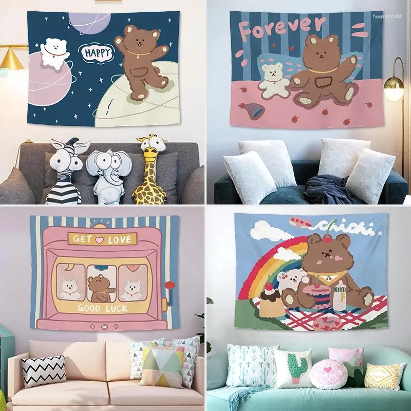 Wandteppiche, Kawaii-Raumdekoration, Wandteppich, Wandbehang, Schlafzimmer, Wohnaccessoires, niedliches Bärenfamilienmuster, Mädchen- und Kinderwandbilder, Hippie