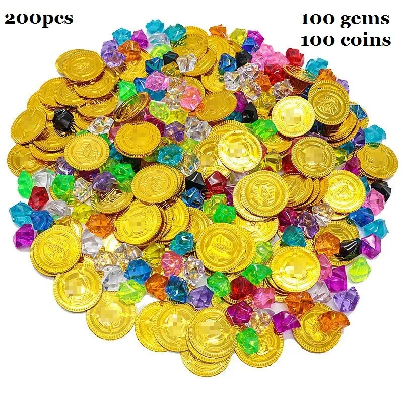 100 pièces de pièces d'or et 100 pièces de bijoux de pierres précieuses, jouet au trésor, cadeaux de fête sur le thème des pirates, cadeau d'anniversaire, accessoires de Cosplay Halloween 240118