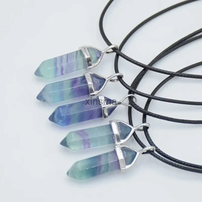 Chokers Natural Purple Green Fluorite Hexagonal Column Stone Halsband Pendant Charms Vintage Choker Halsband Fashion Women Jewelry YQ240201