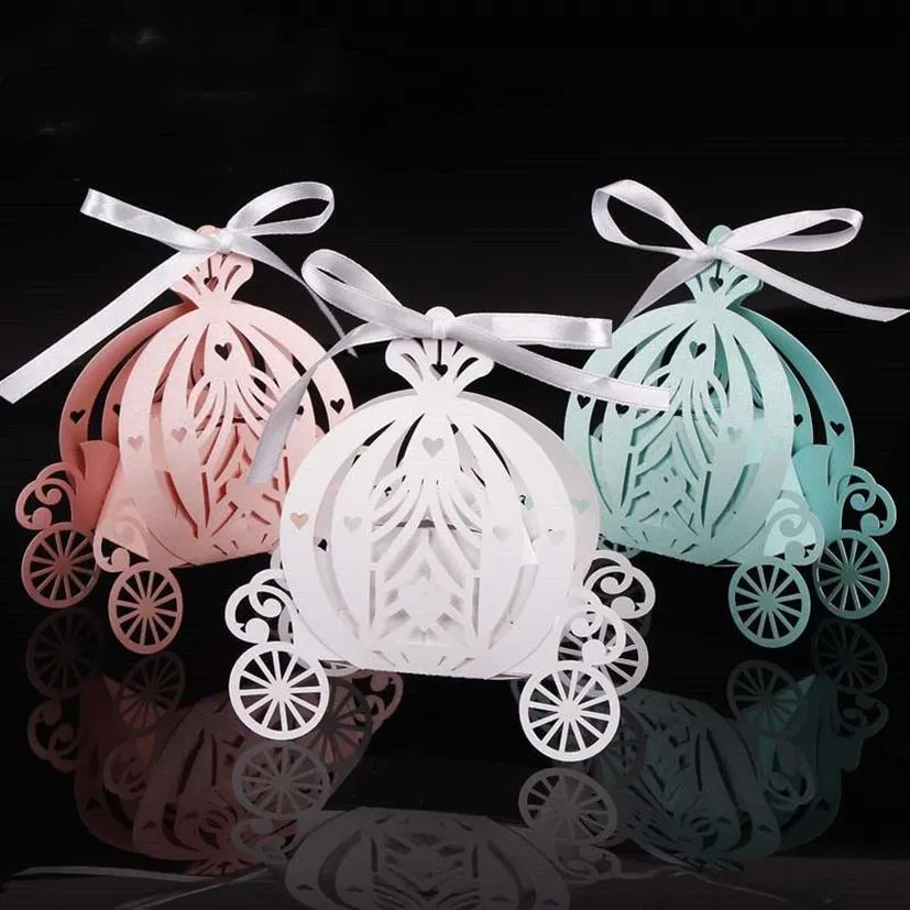 2019 50st Laser Cut Pumpkin Carriage Wedding Candy Favor Box Pearl Color Paper Candy Box Baby Shower Birthday Gift257z