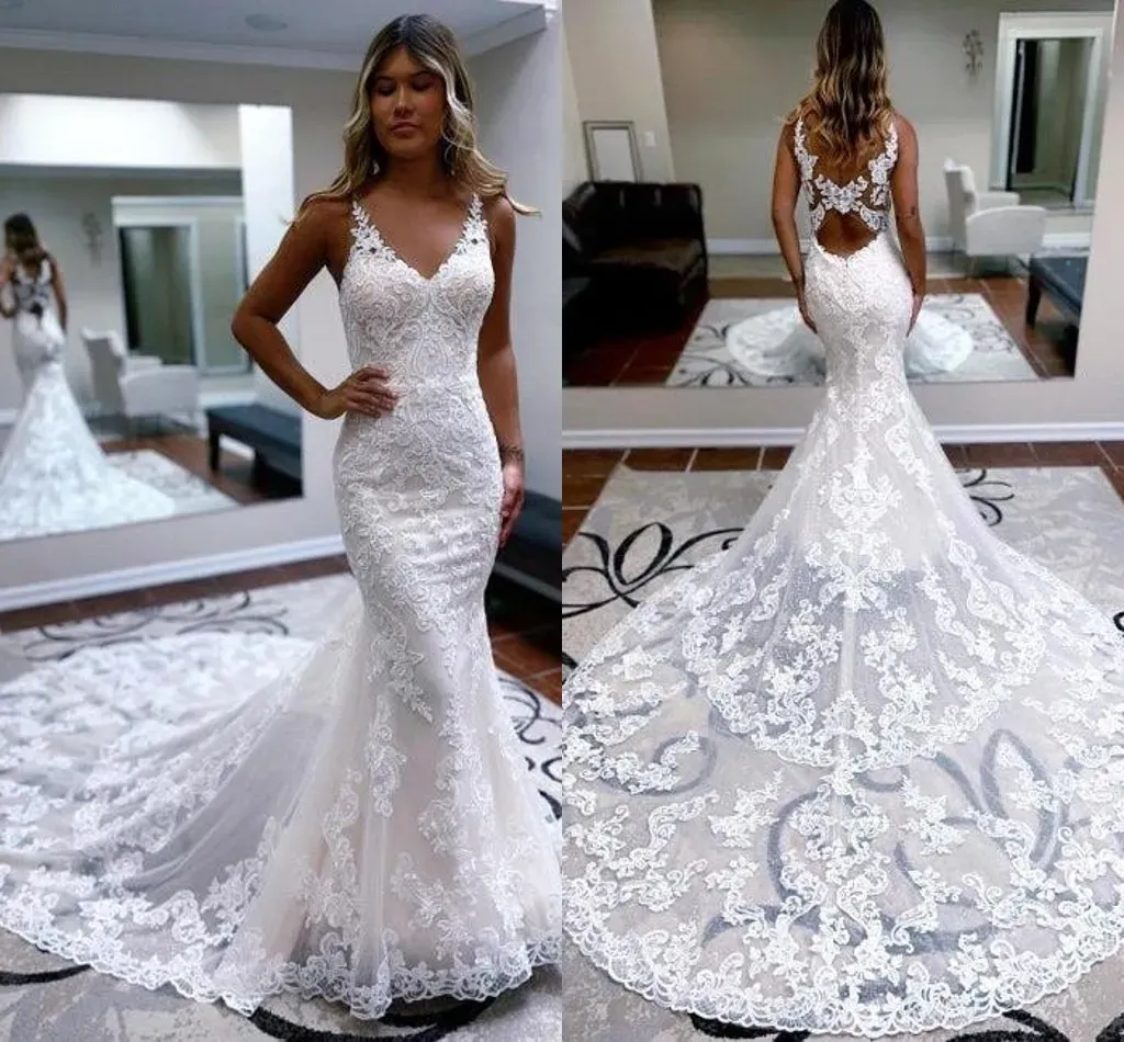 Stunning Backless Mermaid Dresses Wedding Gown Sleeveless Lace Appliques Deep V Neck