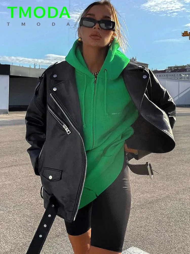 T MODA Spring Autumn Faux Leather Jackets Women Loose Casual Coat Female Dropshoulder Motorcycles Locomotive Outwear With Belt 240130