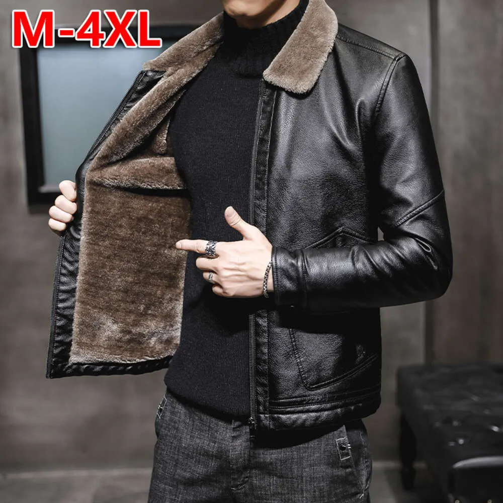 High End Mens Pu Leather Jacket for Fathers Middle Designer Aged and Young Lapel Plush Thickened Men 6OA8