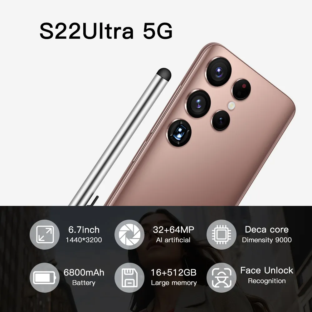 Zupełnie nowy oryginalny smartfon S22 Ultra 6,7 ​​-calowy pełny ekran HD Identyfikator twarzy 16 GB+512 GB telefonów komórkowych Globalna wersja 4G 5G telefon komórkowy