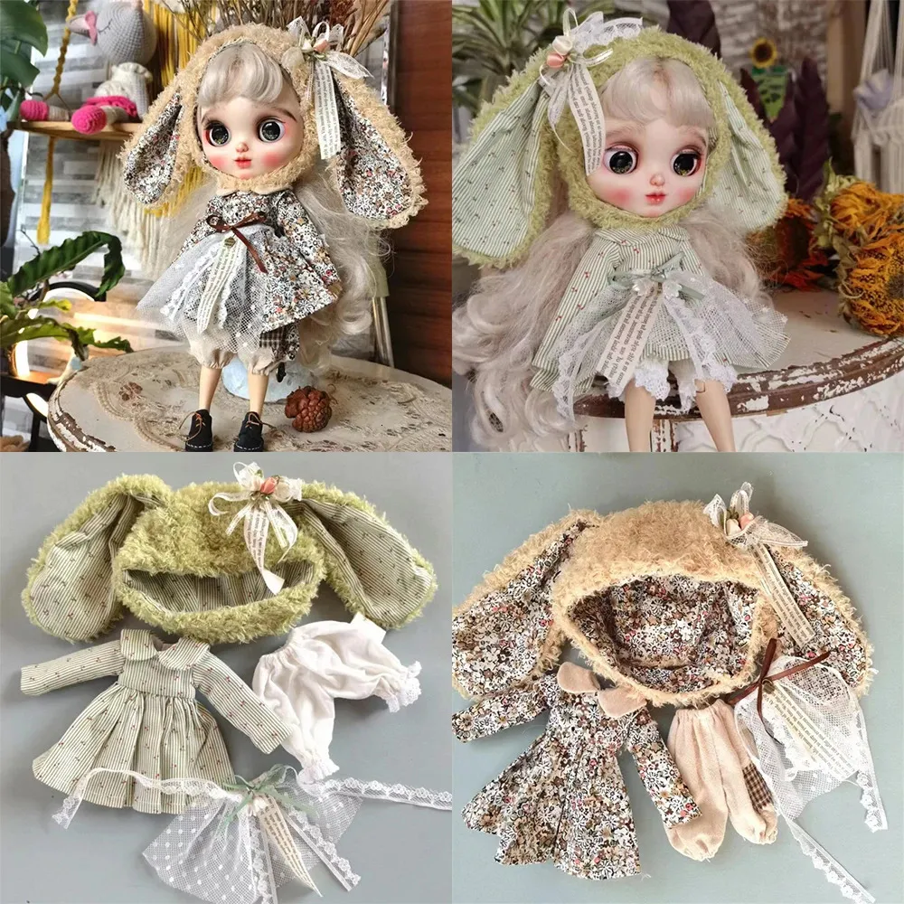 Handmade Doll Skirt Dress With Big Ear Rabbit Hat Floral Patterned For Blythes Ymy Licca Azones Ob24 Ob27 Fr 240129