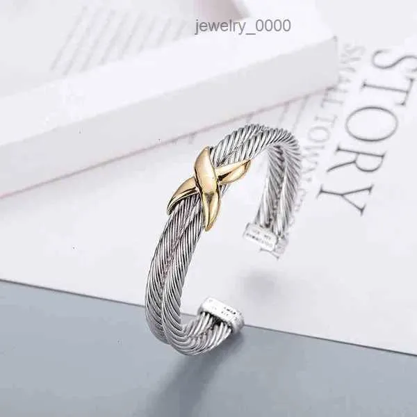 18K Gold Fashion Hemp Bracelet Bangle Platinum Dy Double Trend Twisted Plated Color Wire x Cross Women Ring Opening Jewelry HOZK