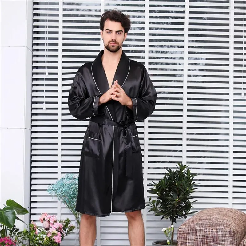 Mäns Sleepwear 2024 Summer Thin Pyjamas Robes Men Homewear Långärmning Kimono Bathrobe Black Silk Male Shower Robe Nightwear