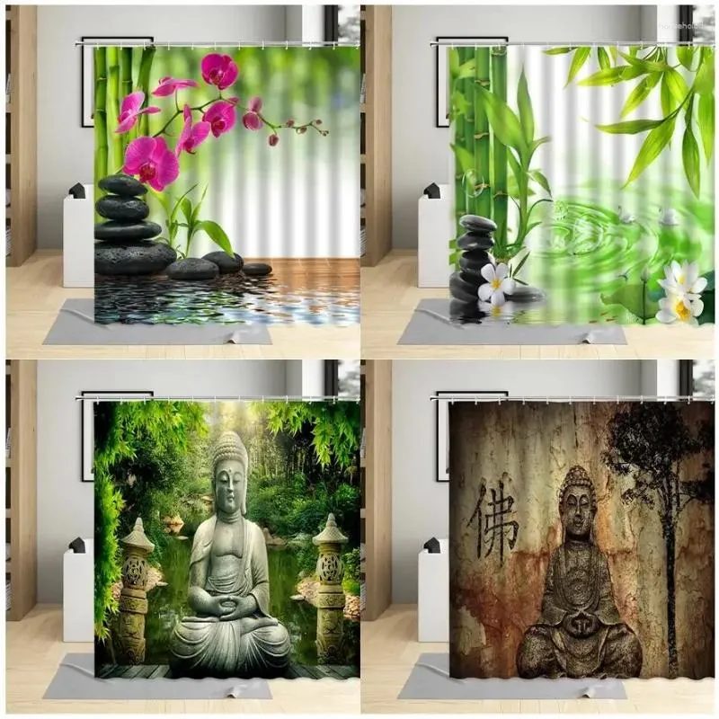 Duschvorhänge Vintage Buddha Zen Schwarz Stein Grün Bambus Orchidee Spa Asiatischer Badvorhang Polyester Stoff Badezimmer Dekor Haken