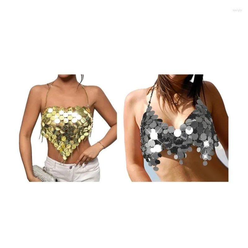 Tanks Femmes Femmes Glitter Paillettes Métalliques Halter Bikinis Bras Glands Hem Body Chaîne Bijoux Sexy Dos Nu Camisole Party Clubwear