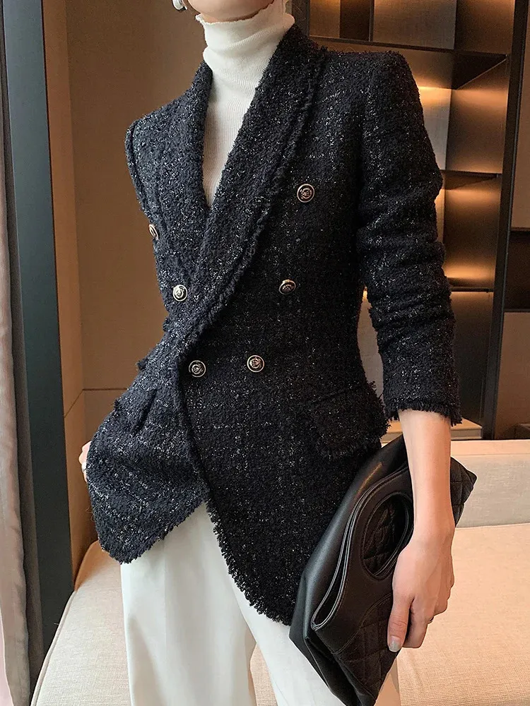 autumn style small fragrant black temperament wool small suit jacket womens self-cultivation suit blouse 240201