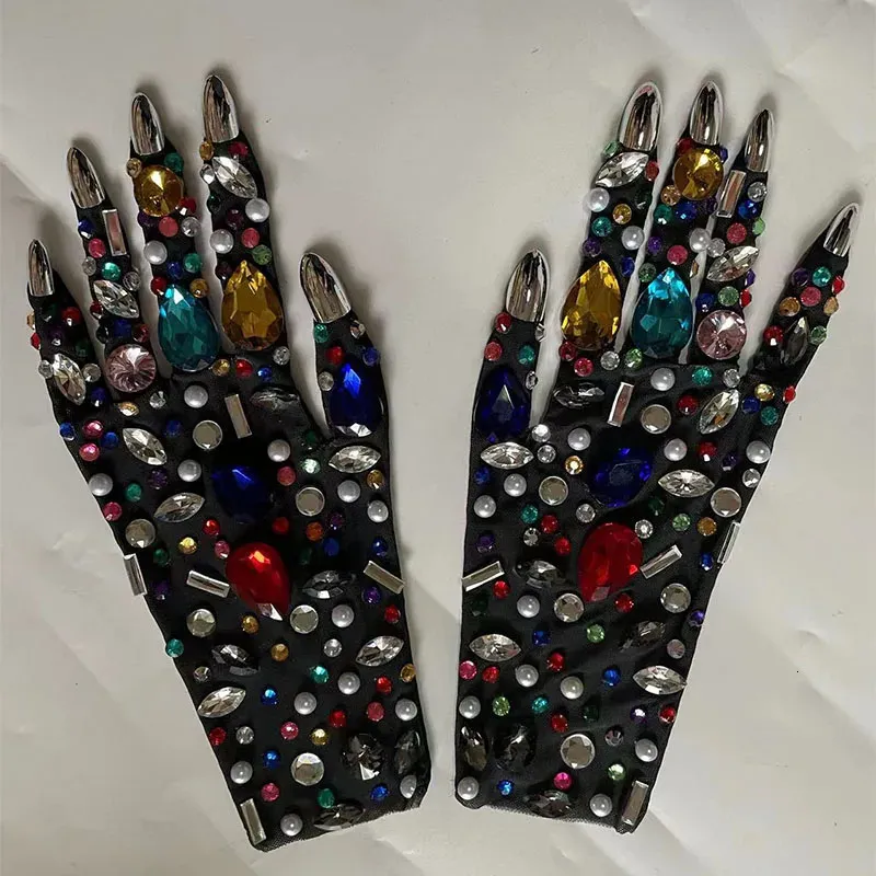 Sexy Luxurious Rhinestone Mesh Gloves Shining Crystal Short Gloves Stage Performance Show Accessories Nightclub Party Outfit 240130