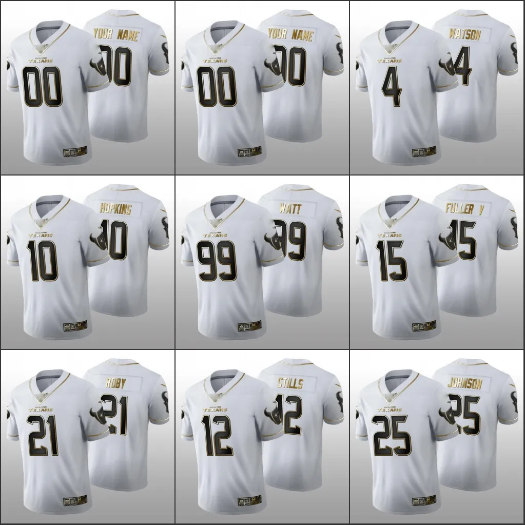 Хьюстон''Тексанс''Мужчины 99 Дж.Дж.Watt 4 Deshaun Watson 15 Will Fuller V Custom Women Youth White 100th Golden Edition Джерси