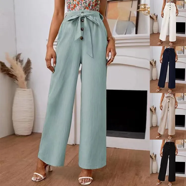 Fashionable Women's Trousers for Spring and Summer Pure Color Cotton and Linen Loose Elastic Wide Leg Casual Long Pants