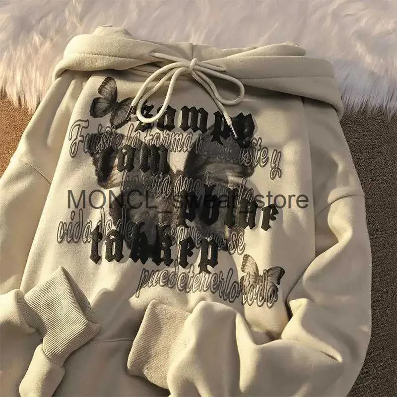 Kadın Hoodies Sweatshirts 2022 Erken Sonbahar Yeni Kore versiyonu gevşek uzun kollu üst dişi dişi mürekkep kelebek mektubu baskı kapşonlu kazak giyim2421